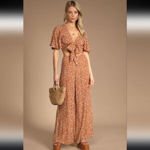 Lulus Groovy Days Rust Floral Print Tie-Front Two-Piece Jumpsuit